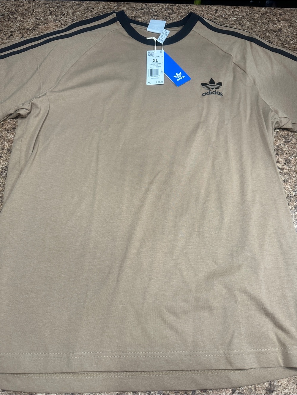 NWT adidas Men’s Tan Short Sleeve Tee with Black Trim Stripes